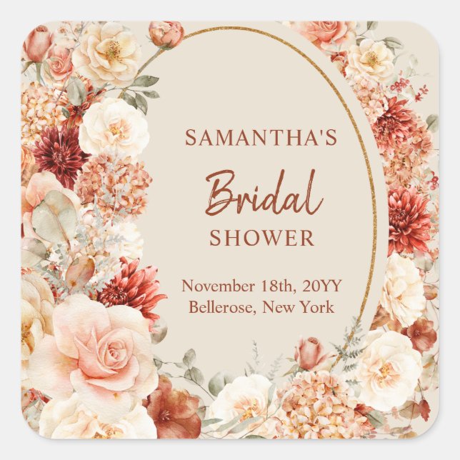 Cuadrada Pegatina de otoño de hortensias de cobre y rosas d (Anverso)