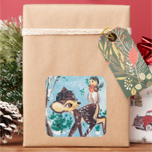 Cuadrada Pegatina de pájaro del venado de Navidad retro vin