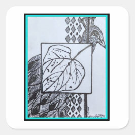 Cuadrada Pegatina de pavo real y hoja - negro y turquesa