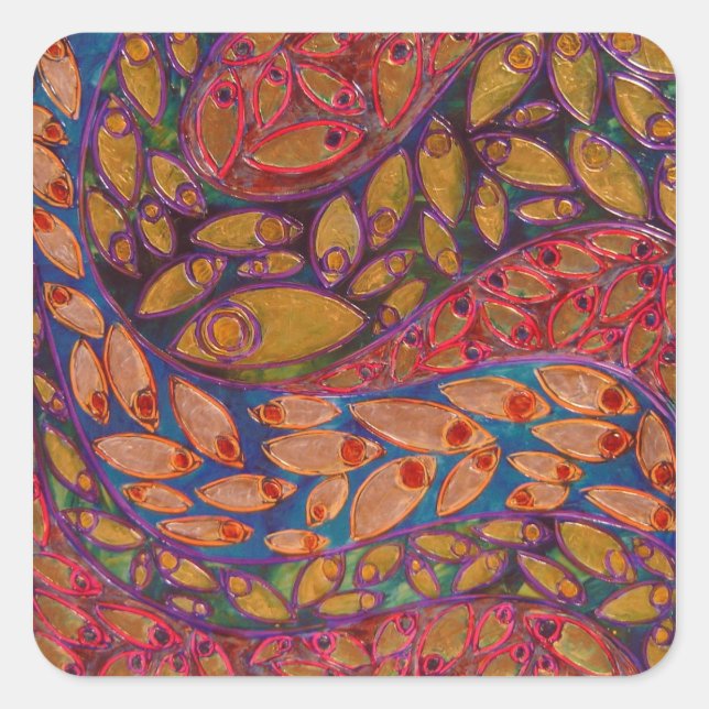 Cuadrada pegatina de pavos reales (pintura) (Anverso)