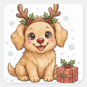 Cuadrada Pegatina de perro cachorro reno Navidad