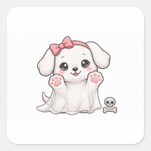 Cuadrada Pegatina de perro de Halloween con lazo rosa y fan