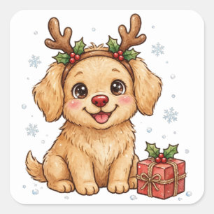 Cuadrada Pegatina de perro de Navidad cachorro de reno