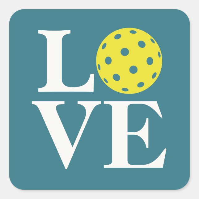 Cuadrada Pegatina de pickleball "LOVE" azul teal (Anverso)