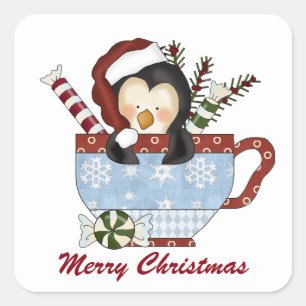 Cuadrada Pegatina de pingüino de cacao de Feliz Navidad