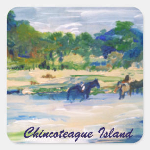 Cuadrada Pegatina de pintura de caballos de Chincoteague Is