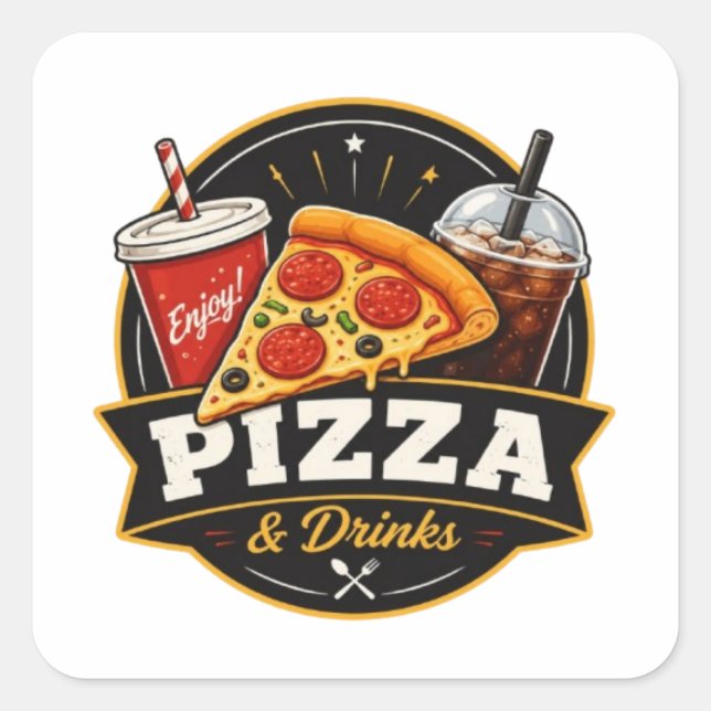 Cuadrada Pegatina de Pizza y Bebidas – Amante de la Comida  (Anverso)