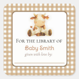 Cuadrada Pegatina de placa Baby Shower con vaca de relleno