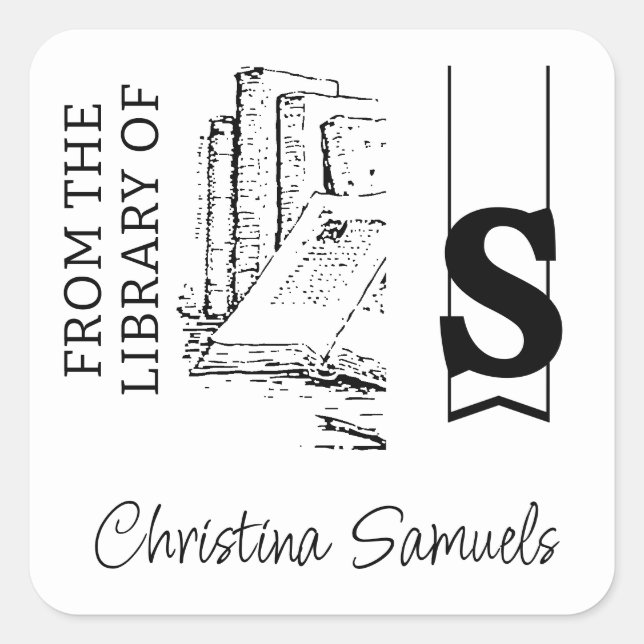 Cuadrada Pegatina de placa de biblioteca de monograma (Anverso)