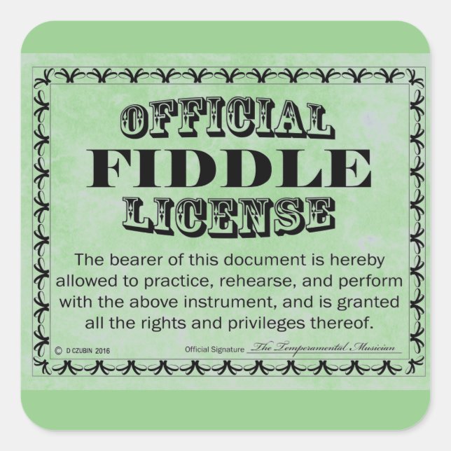 Cuadrada Pegatina de plaza de licencia de fiddle (Anverso)