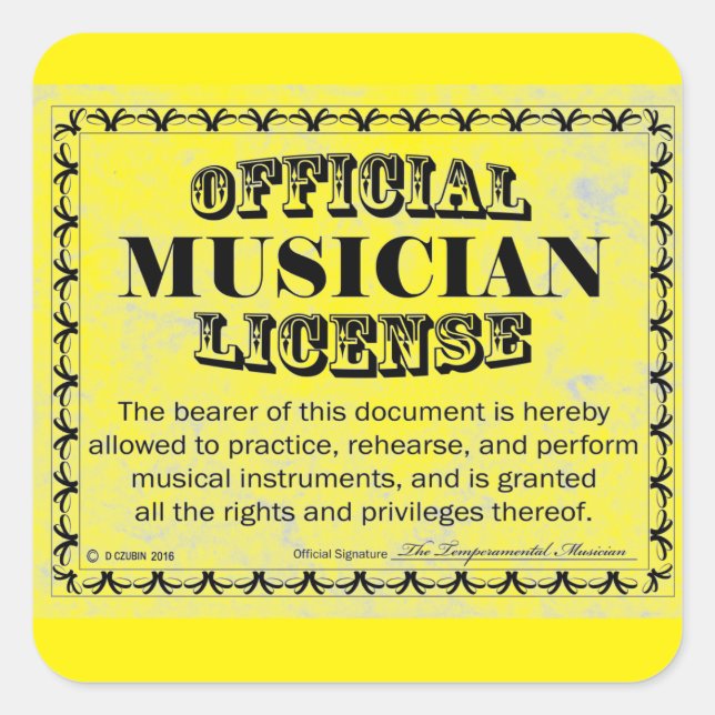 Cuadrada Pegatina de Plaza de Licencia de Músico (Anverso)