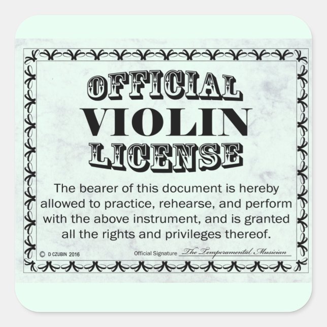 Cuadrada Pegatina de Plaza de Licencia de Violín (Anverso)