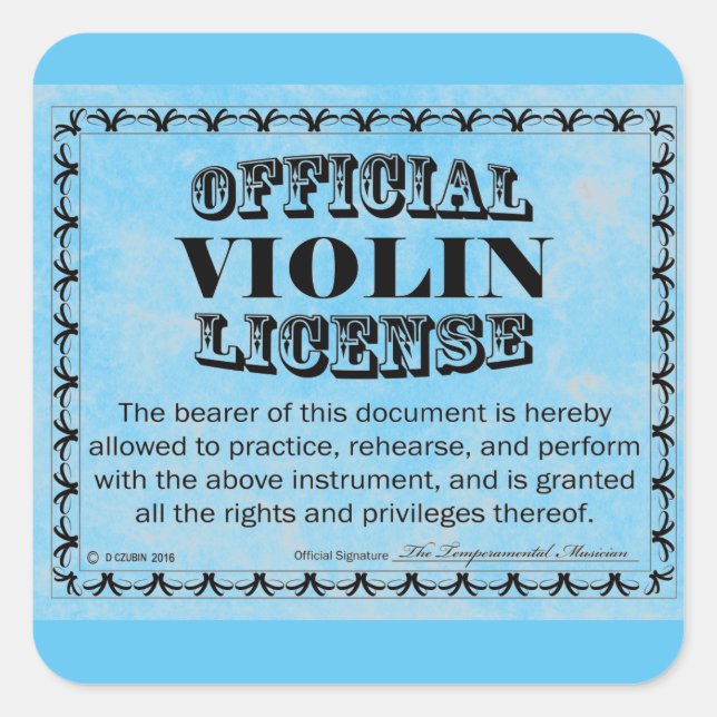 Cuadrada Pegatina de Plaza de Licencia de Violín (Anverso)