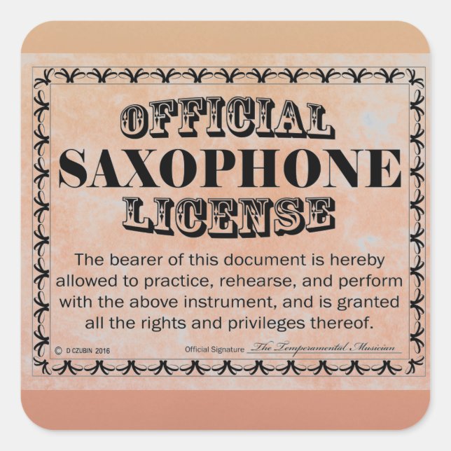 Cuadrada Pegatina de Plaza de Licencia Saxofón (Anverso)
