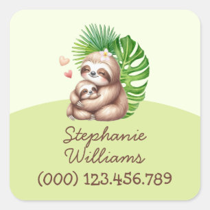 Cuadrada Pegatina de propiedades de Cute Mom & Baby Sloth