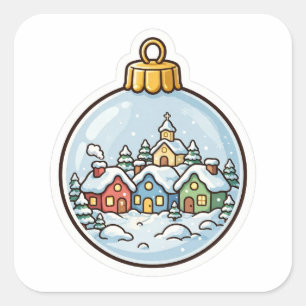 Cuadrada Pegatina de pueblo nevado de adorno de Navidad