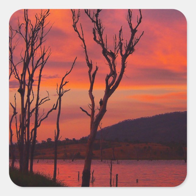 Cuadrada Pegatina de puesta de sol en el lago Awoonga (Anverso)