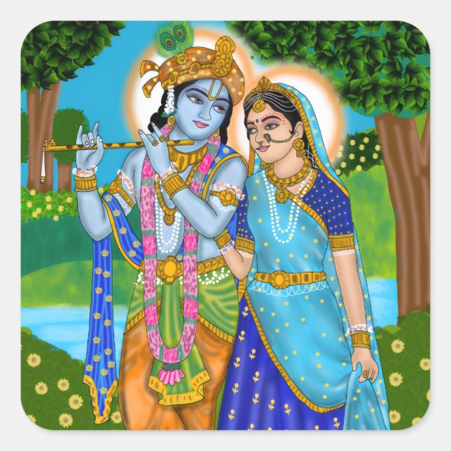 Cuadrada Pegatina de Radha Krishna (Anverso)