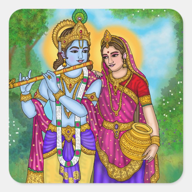 Cuadrada Pegatina de Radha Krishna (Anverso)