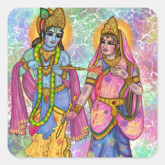 Cuadrada Pegatina de Radha Krishna jugando Holi (Anverso)