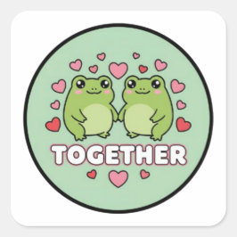 Cuadrada Pegatina de rana juntos Cute pareja de ranas agarr