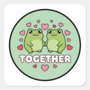 Cuadrada Pegatina de rana juntos Cute pareja de ranas agarr