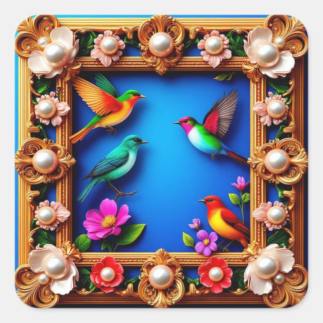 Cuadrada Pegatina de regalo con marco de pájaro floral (Anverso)