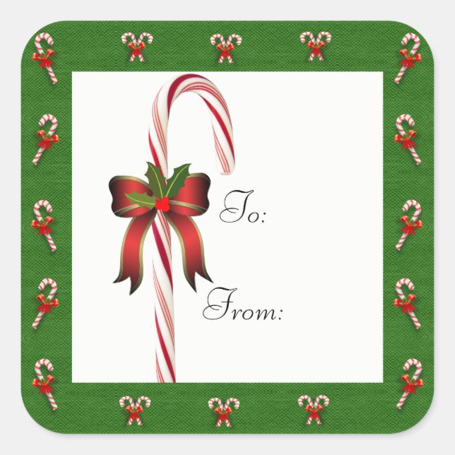 Cuadrada Pegatina de regalo de bastón de caramelo de Navida (Anverso)