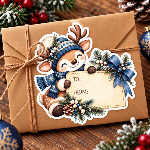 Cuadrada Pegatina de regalo de Navidad con ciervo bebé en a