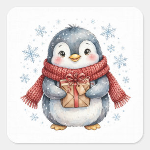 Cuadrada Pegatina de regalo de Navidad de pingüino