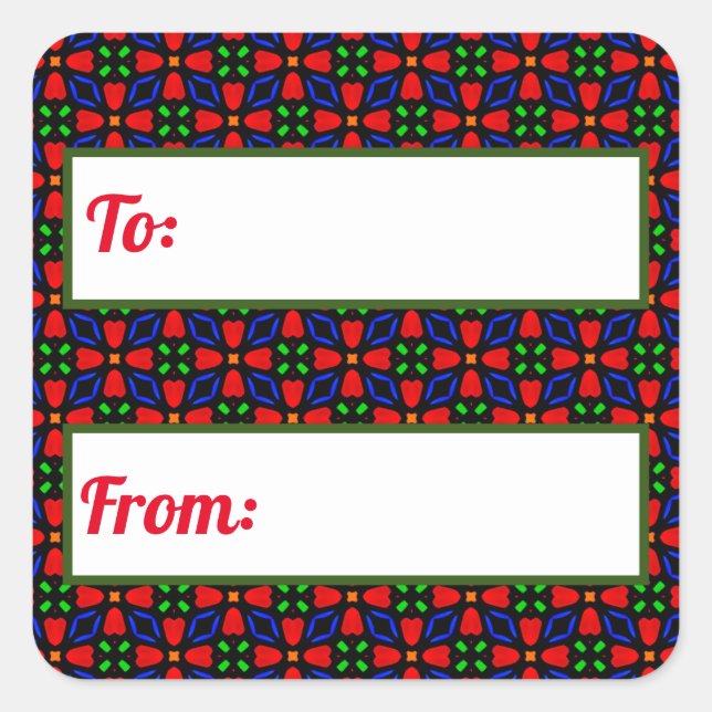 Cuadrada Pegatina de regalo de Navidades rojos y verdes (Anverso)