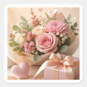 Cuadrada Pegatina de regalo floral rosa romántico