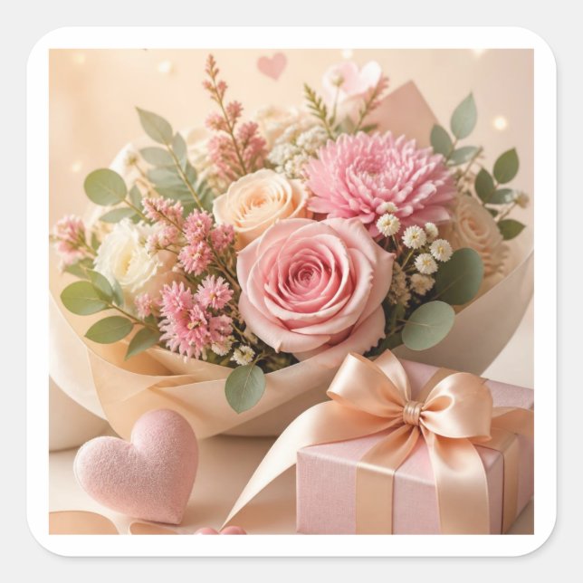 Cuadrada Pegatina de regalo floral rosa romántico (Anverso)