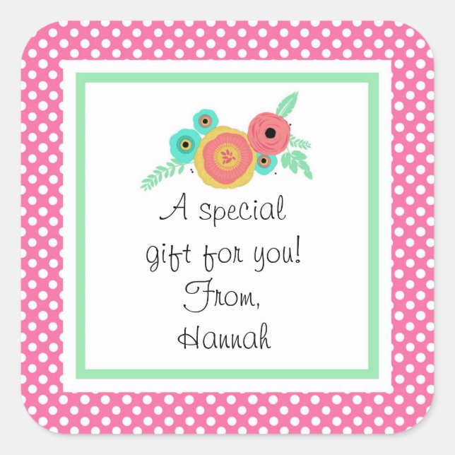 Cuadrada Pegatina de regalo personalizada con lunares rosas (Anverso)