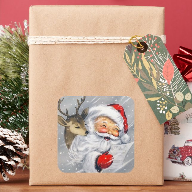 Cuadrada Pegatina de renos de Navidad retro vintage (Vacaciones)