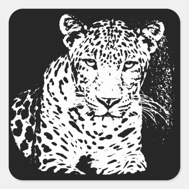 Cuadrada Pegatina De Retrato Blanco Y Negro De Leopardo (Anverso)