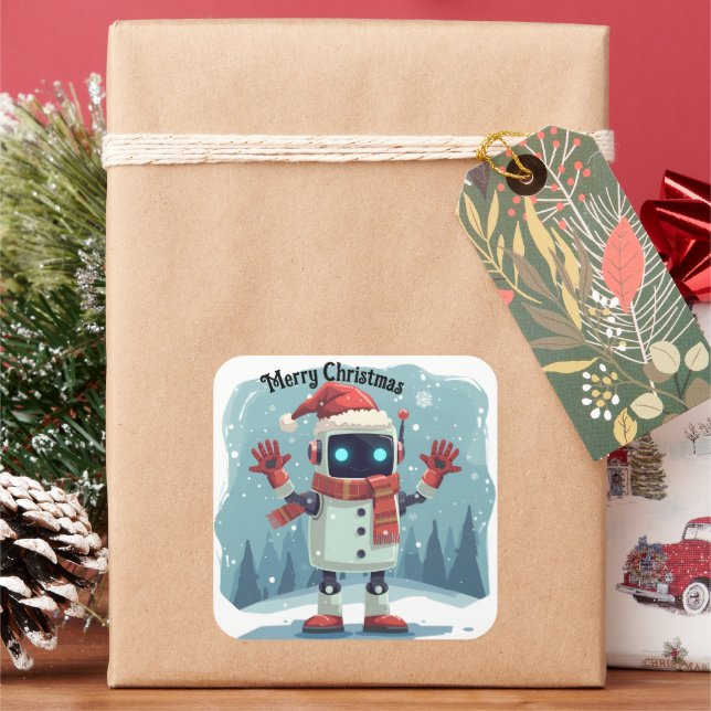 Cuadrada Pegatina de robot navideño adorable (Vacaciones)