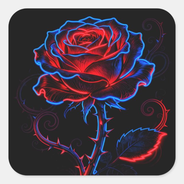 Cuadrada Pegatina de Rosa de Neón (Anverso)