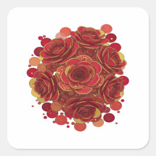 Cuadrada Pegatina de ROSAS ROJAS Y ESTRELLAS BRILLANTES Roj