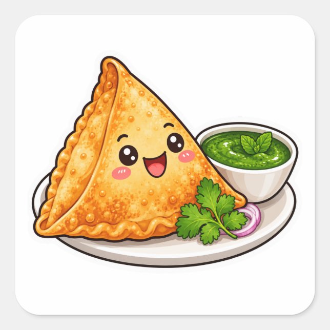 Cuadrada Pegatina de samosa Kawaii, Vi de corte de comida i (Anverso)