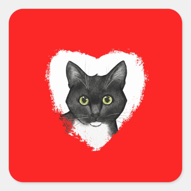Cuadrada Pegatina de San Valentín de gato negro y blanco (Anverso)