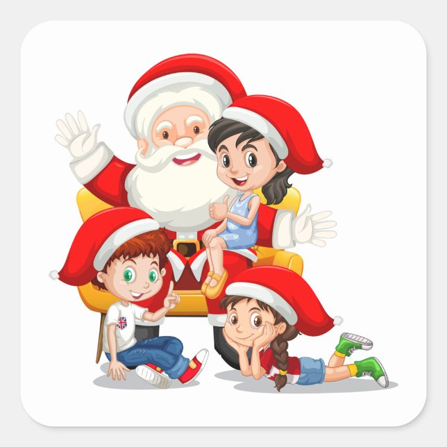 Cuadrada Pegatina de Santa Claus (Illustration of Santa Claus sitting on a yellow chair with three children wearing Santa hats.)