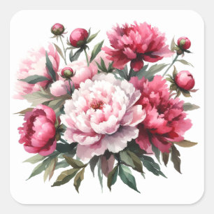 Cuadrada Pegatina de Scrapbooking Watercolor Peonies