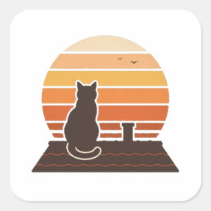 Cuadrada Pegatina de silueta de gato en azotea puesta de so