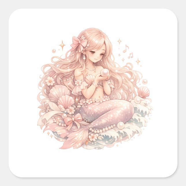 Cuadrada Pegatina de Sirena Pastel (Anverso)