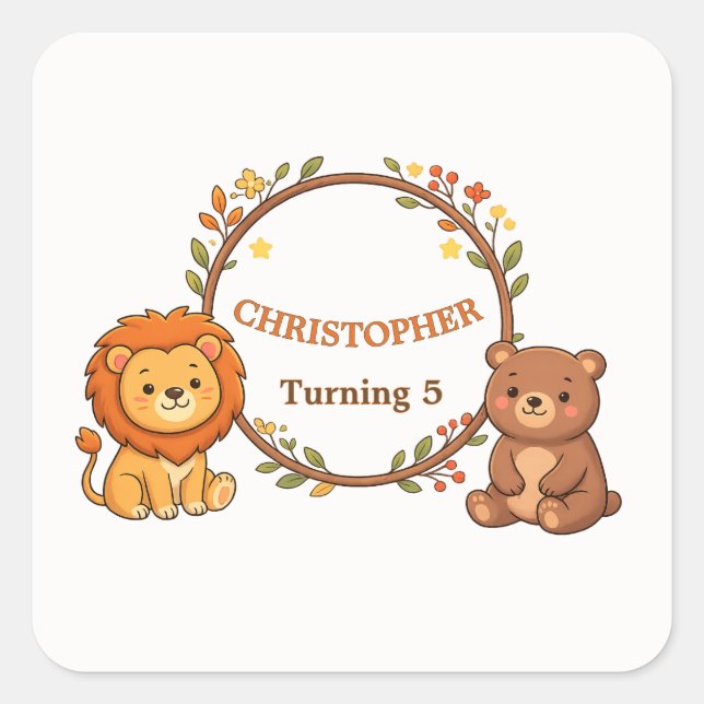 Cuadrada Pegatina de sobre de cumpleaños de animales del bo (Anverso)