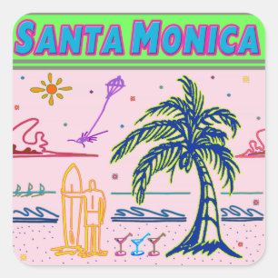 Cuadrada pegatina de Surfer Beach "Santa Mónica"