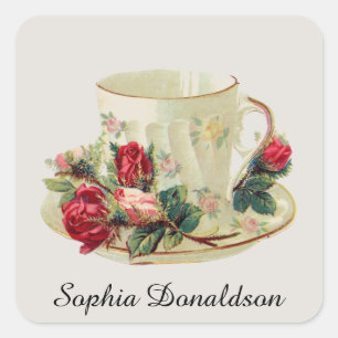 Cuadrada Pegatina de taza de té vintage personalizada y ros