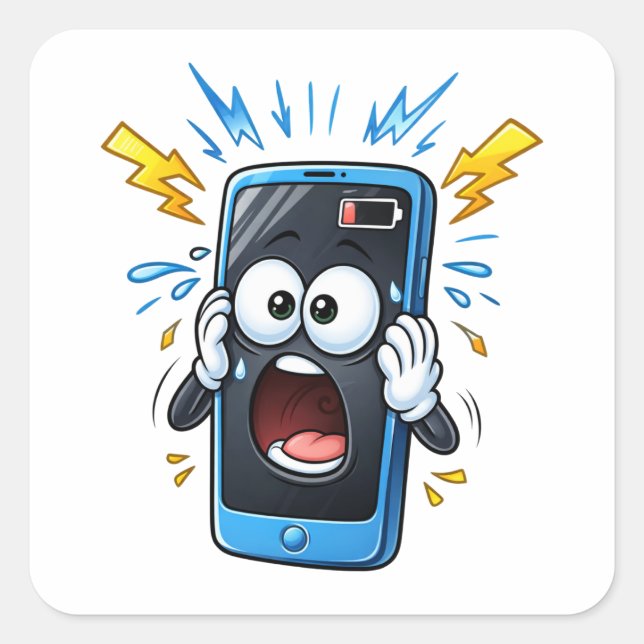 Cuadrada Pegatina de teléfono de dibujos animados con bater (Anverso)