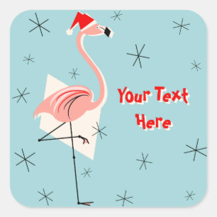 Cuadrada Pegatina de texto Flamingo Santa Blue